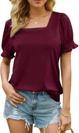 Womens Square Neck Puff Sleeve Top Short Sleeve Casual Smocked Cuff Blouse for Summer Outfits Tee Shirts