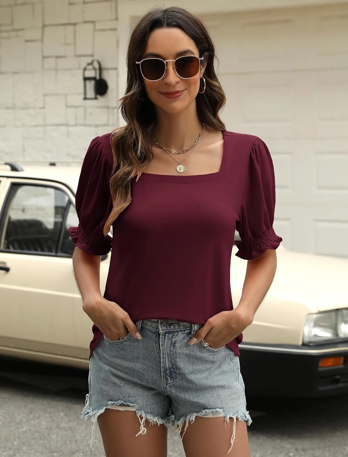 Womens Square Neck Puff Sleeve Top Short Sleeve Casual Smocked Cuff Blouse for Summer Outfits Tee Shirts