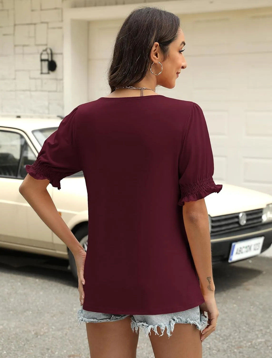 Womens Square Neck Puff Sleeve Top Short Sleeve Casual Smocked Cuff Blouse for Summer Outfits Tee Shirts
